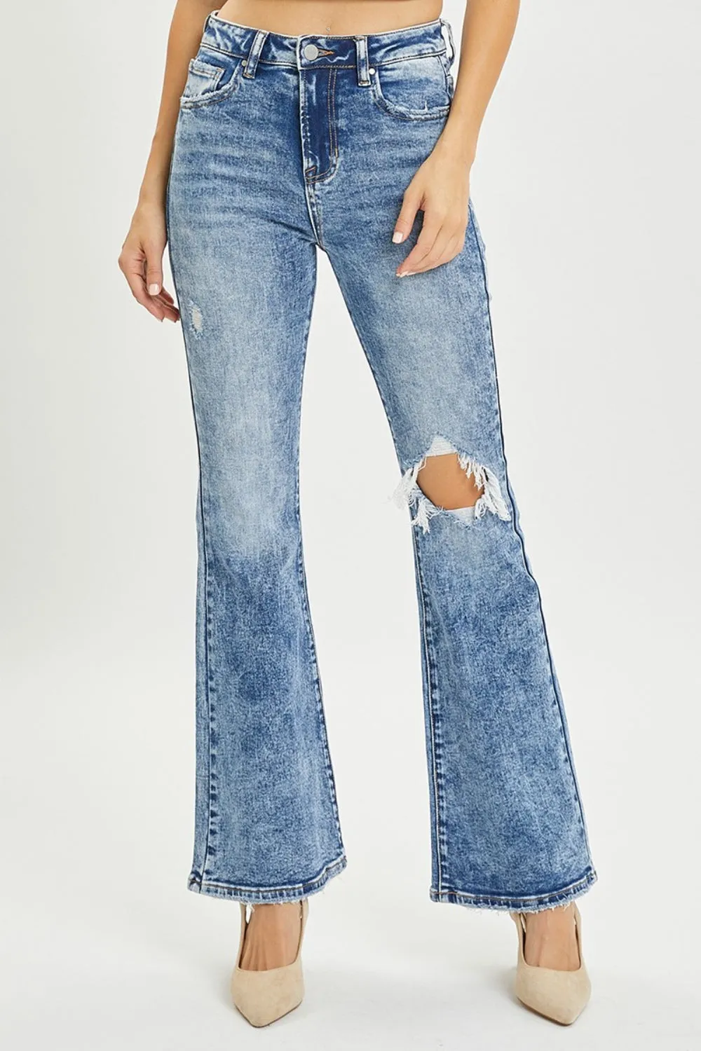 RISEN Full Size High Rise Distressed Flare Jeans sold by Charming Charlie