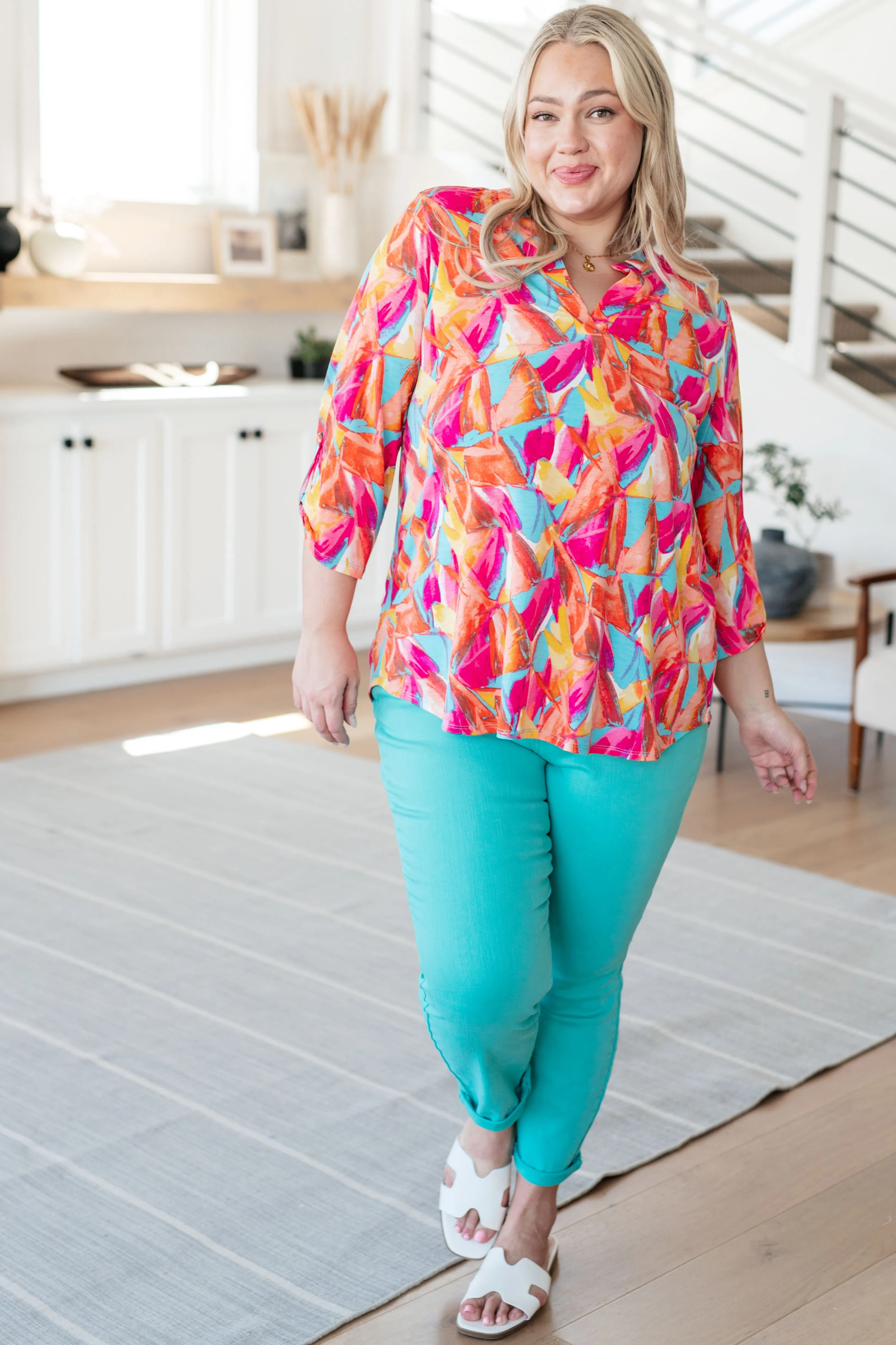 Lizzy Top in Teal and Hot Pink Abstract Fans sold by Charming Charlie product image thumbnail 4