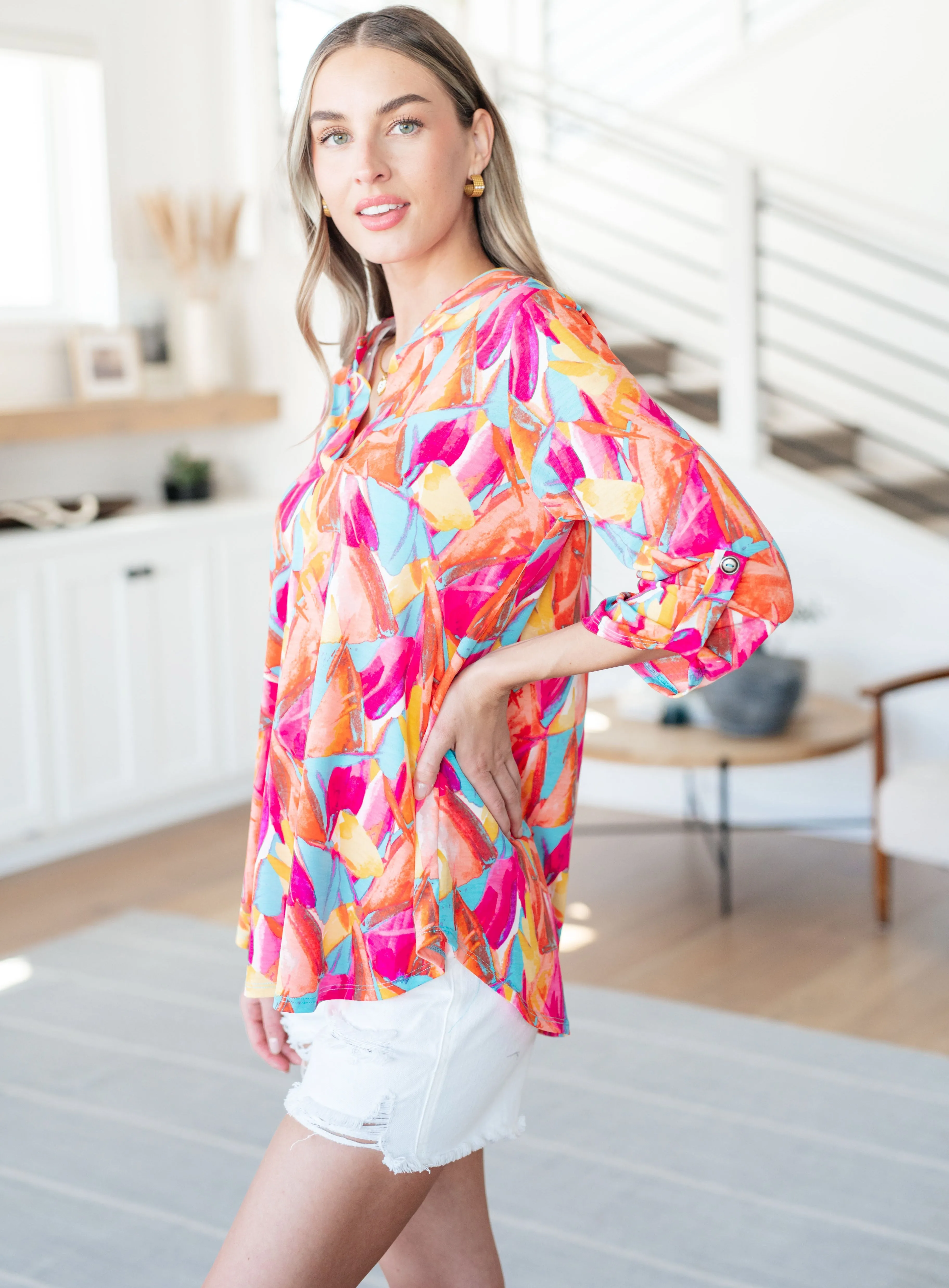 Lizzy Top in Teal and Hot Pink Abstract Fans sold by Charming Charlie product image thumbnail 5