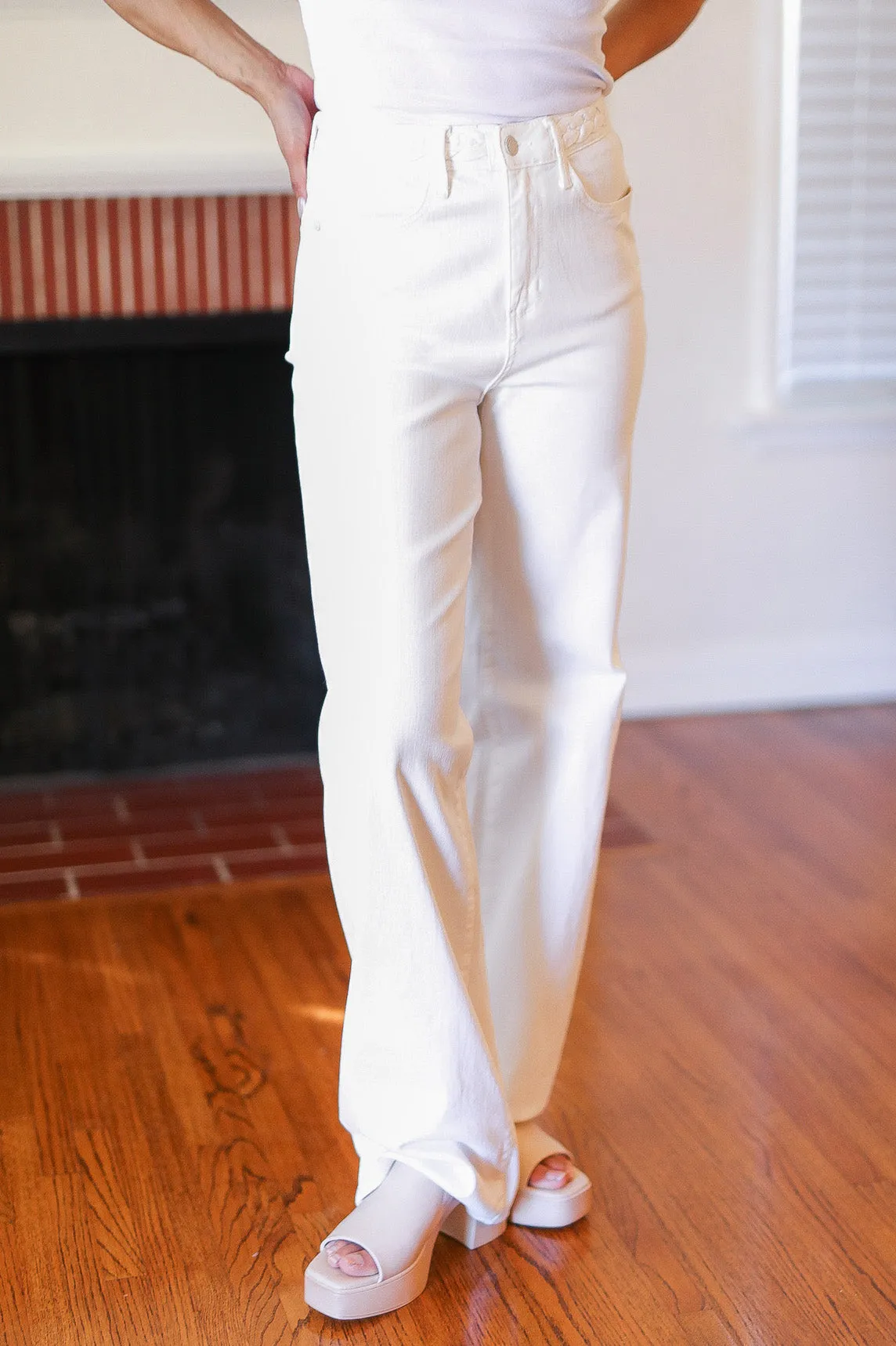 Judy Blue Above & Beyond White Braided Waist Wide Leg Jeans sold by Charming Charlie