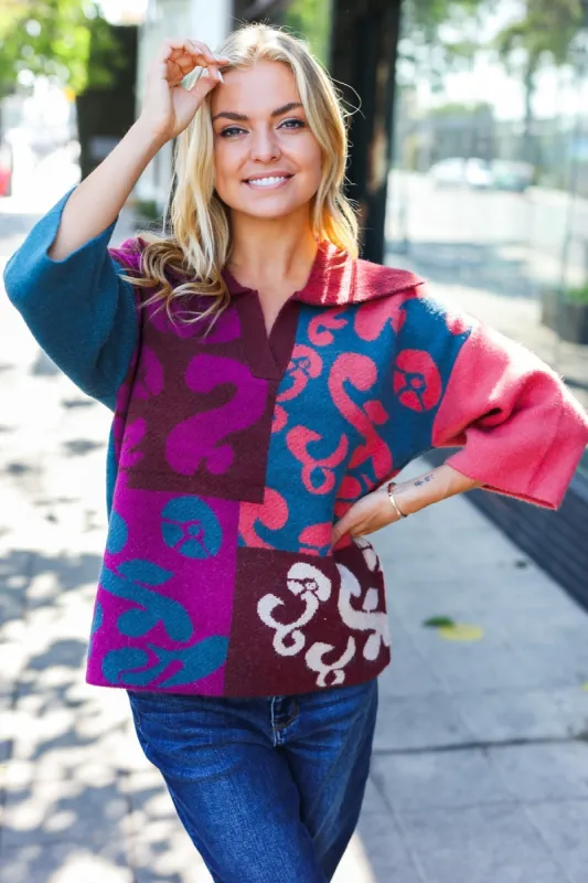 Feeling Your Best Wine Abstract Print Color Block Collar V Neck Sweater sold by Charming Charlie