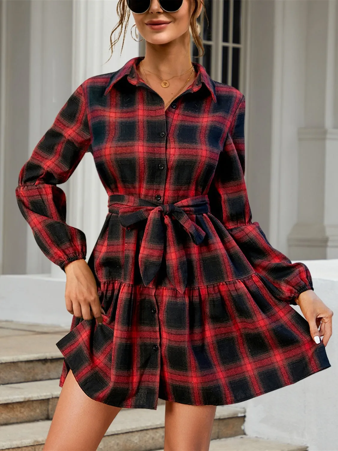 Tied Plaid Long Sleeve Mini Dress sold by Charming Charlie