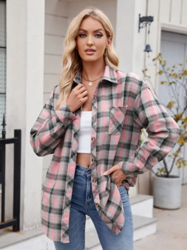 Pocketed Plaid Collared Neck Long Sleeve Shirt sold by Charming Charlie