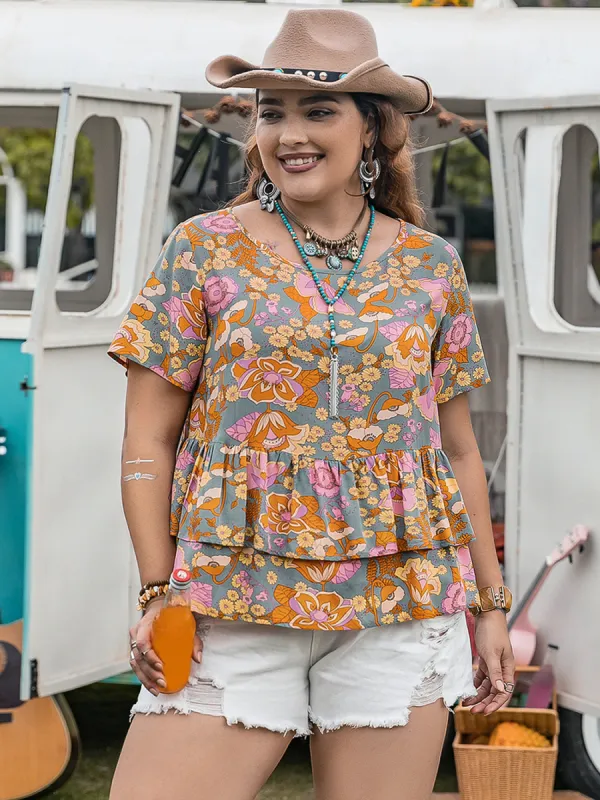 Plus Size Layered Printed Round Neck Short Sleeve Blouse sold by Charming Charlie