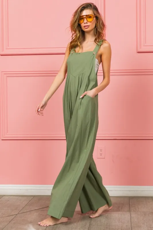 BiBi Ruched Wide Leg Overalls with Pockets sold by Charming Charlie