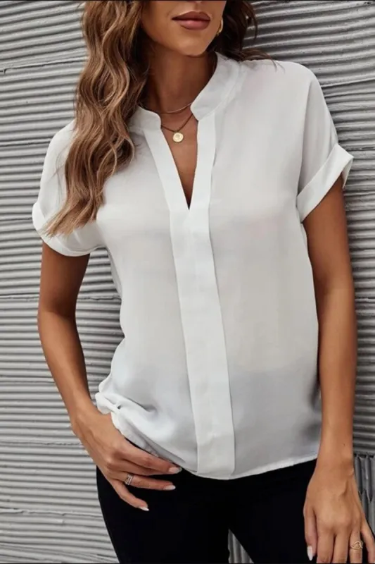 Full Size Notched Short Sleeve Blouse sold by Charming Charlie