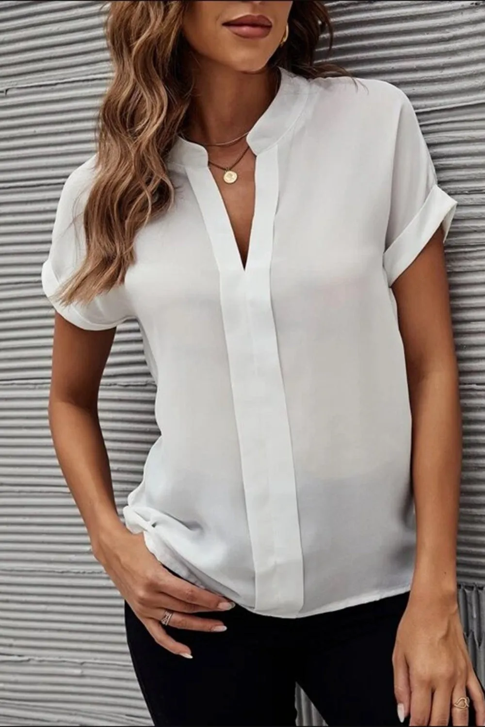 Full Size Notched Short Sleeve Blouse sold by Charming Charlie