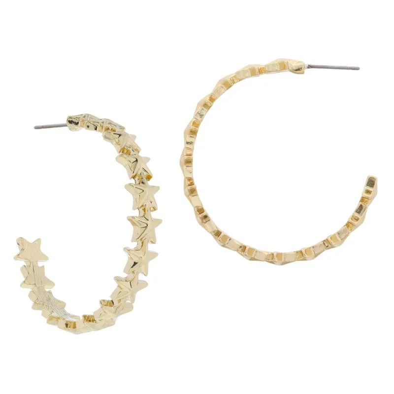 18K Gold Plated Multi Raised Star Hoop Earrings, 1.65" Top to Bottom sold by Charming Charlie