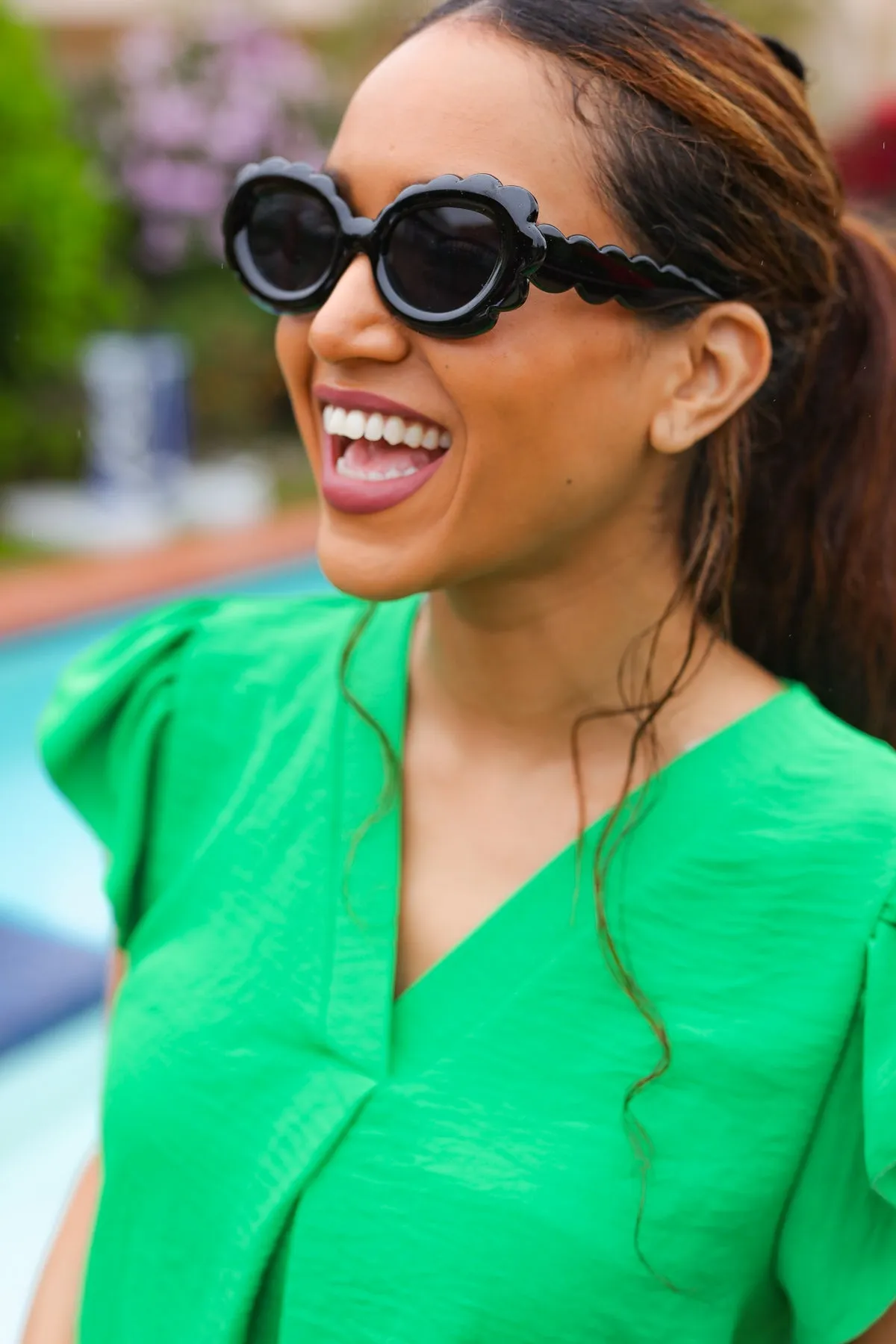 Black Oval Cat Eye Scalloped Sunglasses sold by Charming Charlie