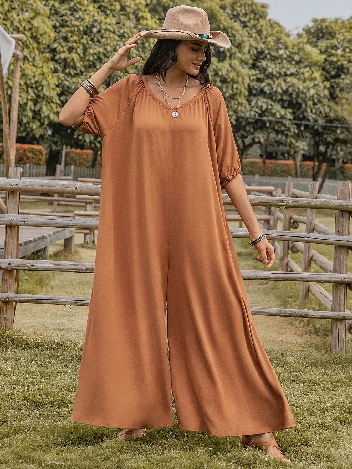 Scoop Neck Half Sleeve Wide Leg Jumpsuit sold by Charming Charlie product image thumbnail 5