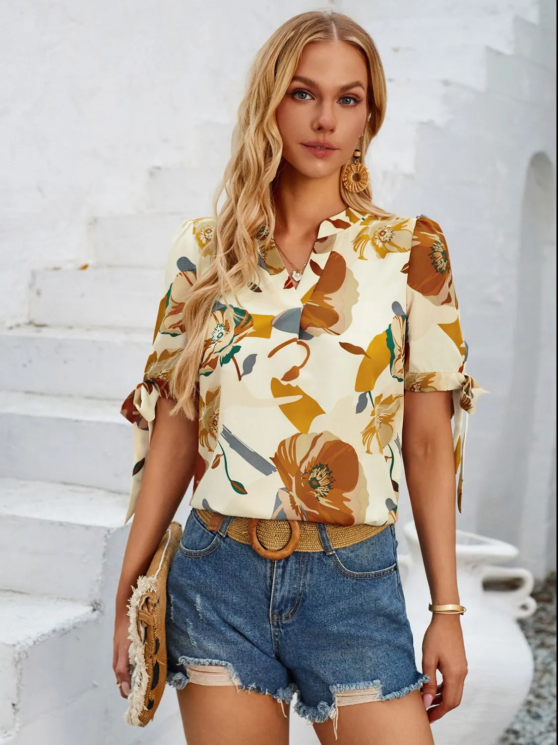 Tied Printed Notched Short Sleeve Blouse sold by Charming Charlie product image thumbnail 5