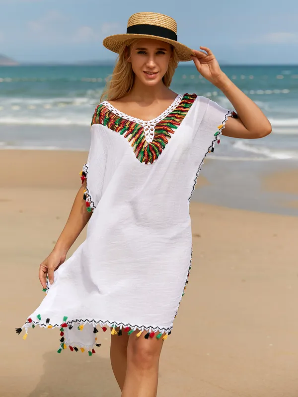 Tassel V-Neck Short Sleeve Cover Up sold by Charming Charlie