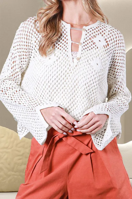 Openwork Notched Long Sleeve Knit Cover Up sold by Charming Charlie