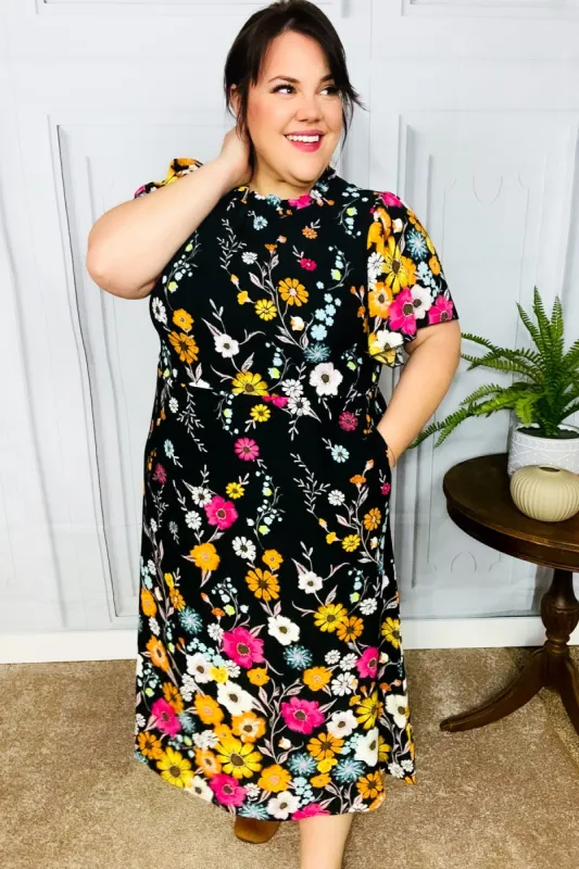 Beautifully You Black Floral Frill Mock Neck Flutter Sleeve Midi Dress sold by Charming Charlie
