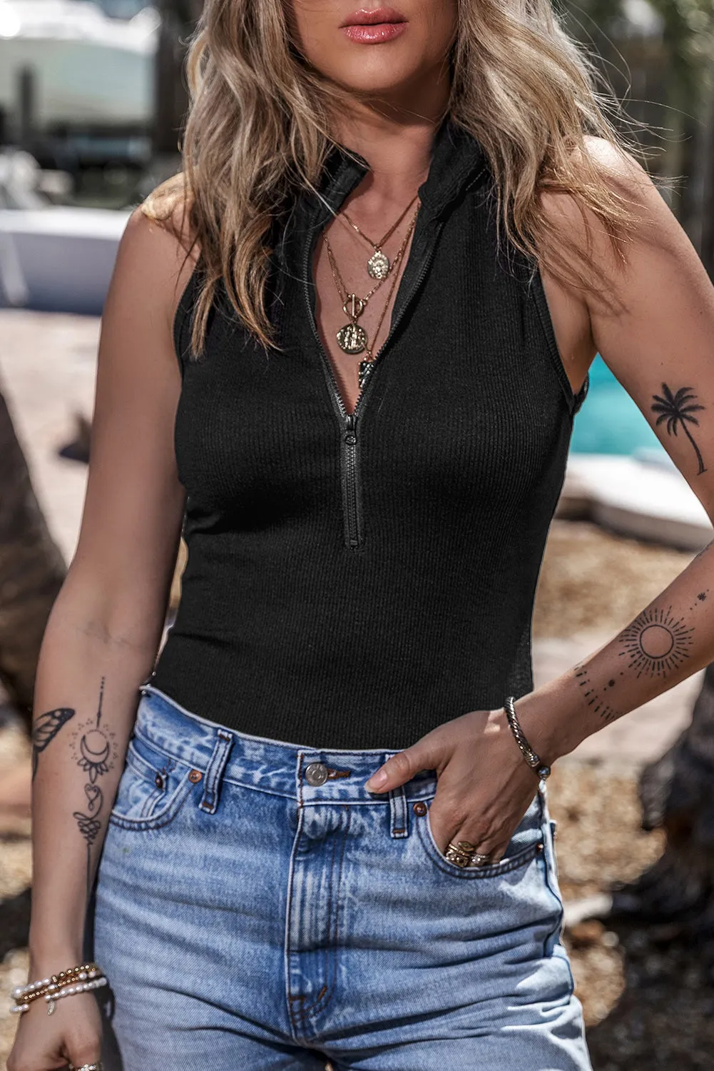 Zip Up Mock Neck Sleeveless Bodysuit sold by Charming Charlie product image thumbnail 3