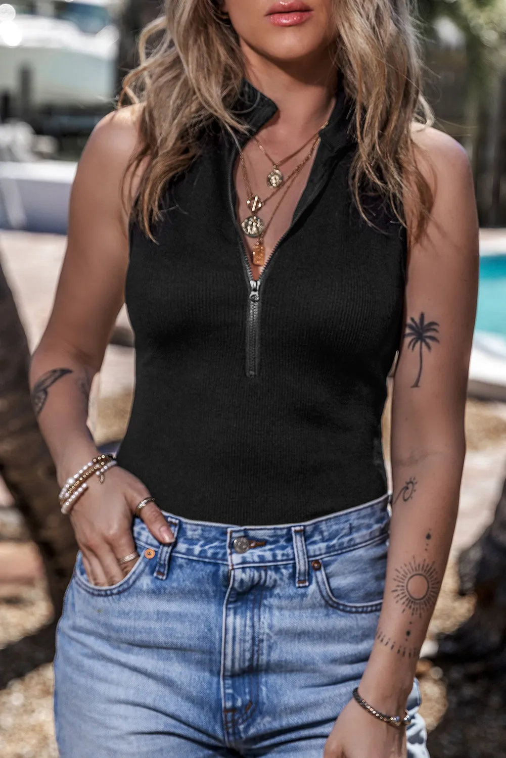 Zip Up Mock Neck Sleeveless Bodysuit sold by Charming Charlie