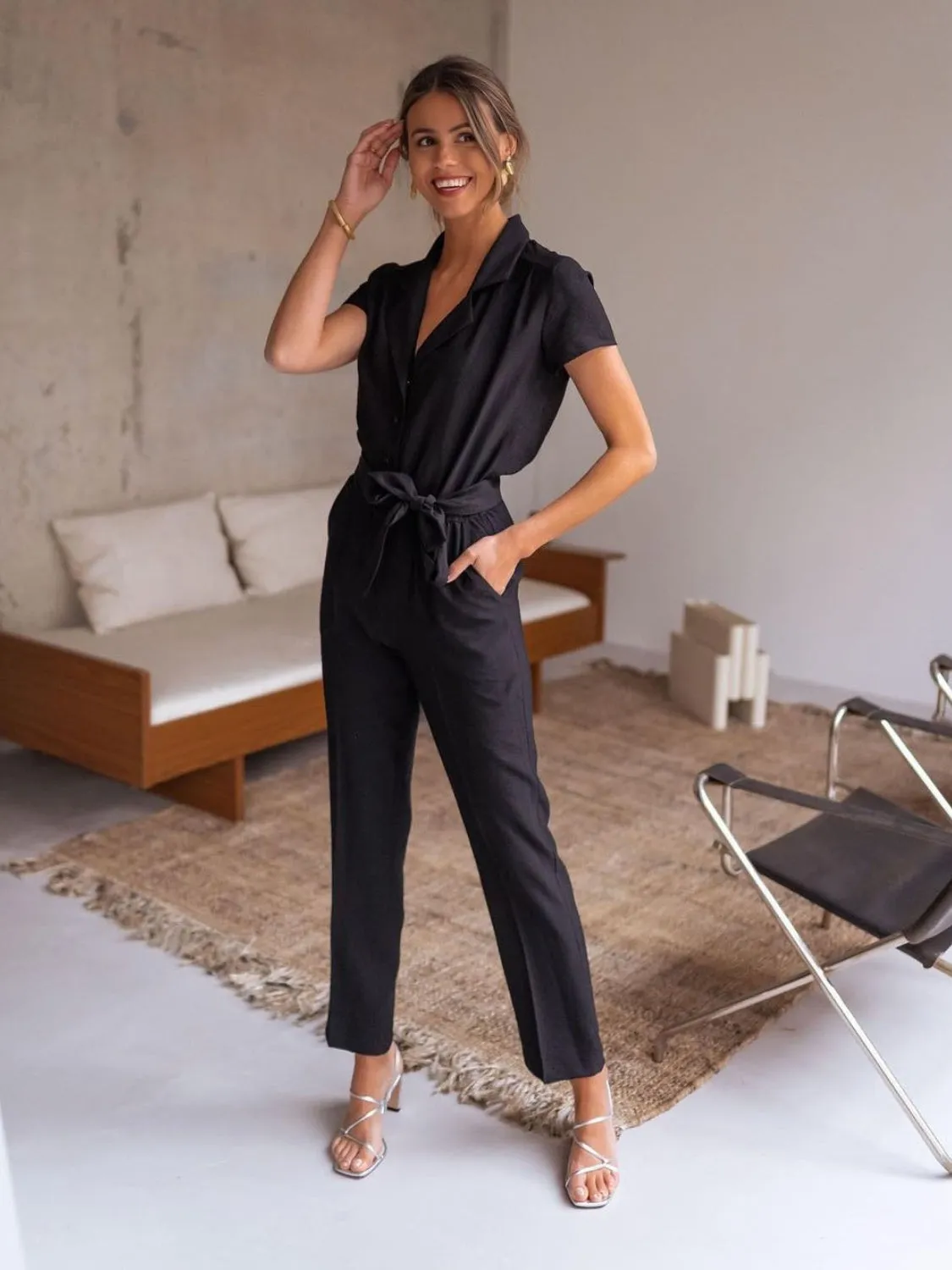 Tied Collared Neck Short Sleeve Jumpsuit sold by Charming Charlie product image thumbnail 3