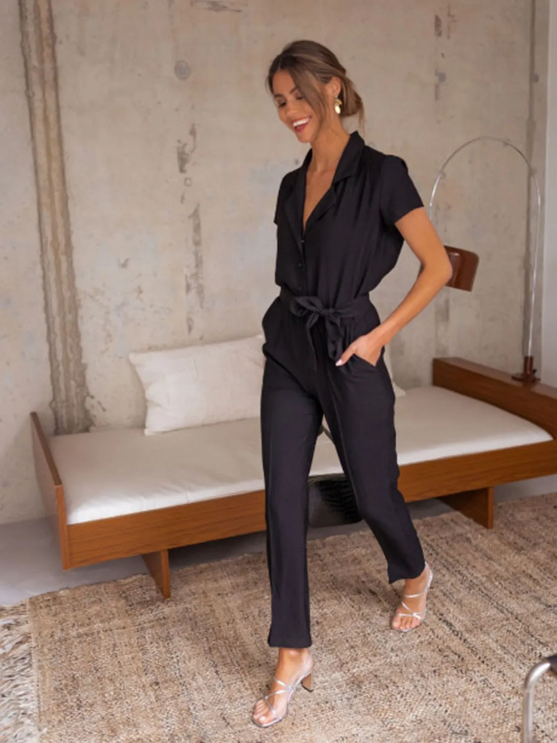 Tied Collared Neck Short Sleeve Jumpsuit sold by Charming Charlie product image thumbnail 4