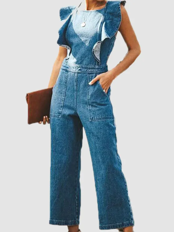 Ruffled Backless Sleeveless Denim Jumpsuit sold by Charming Charlie