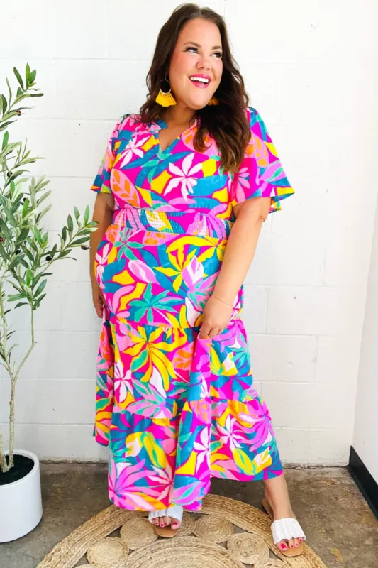Tropical Trance Fuchsia Floral Smocked Waist Maxi Dress sold by Charming Charlie
