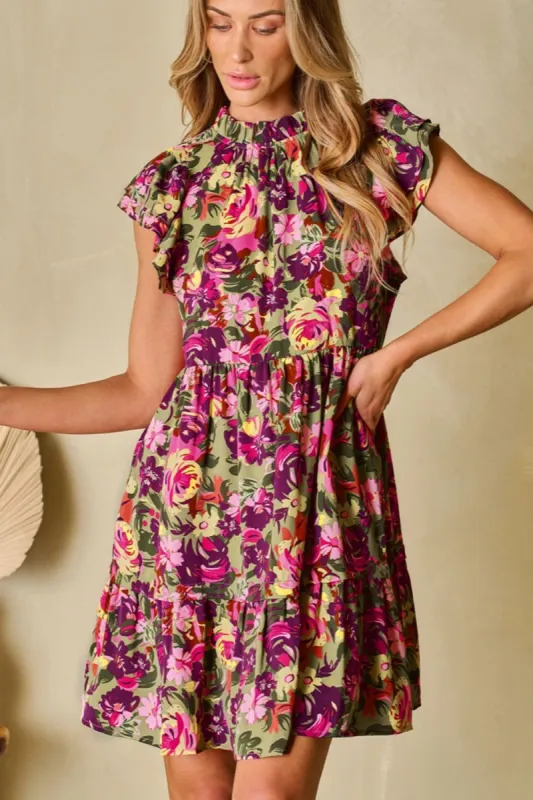Ruffled Printed Mock Neck Cap Sleeve Mini Dress sold by Charming Charlie