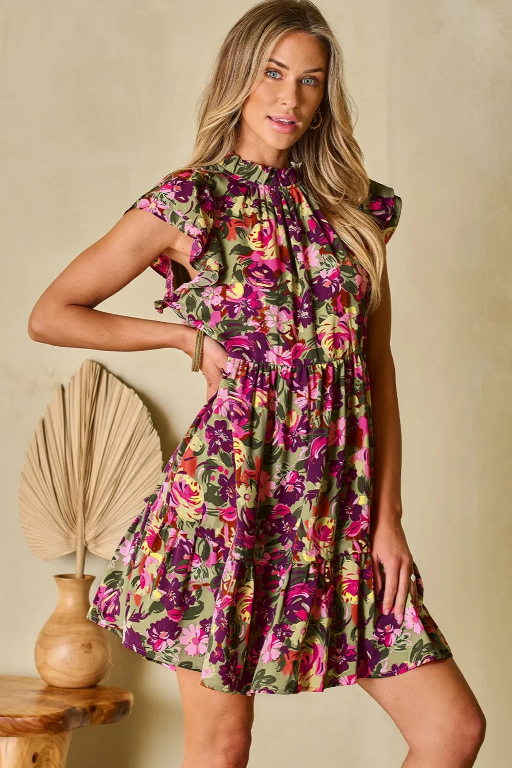 Ruffled Printed Mock Neck Cap Sleeve Mini Dress sold by Charming Charlie product image thumbnail 3