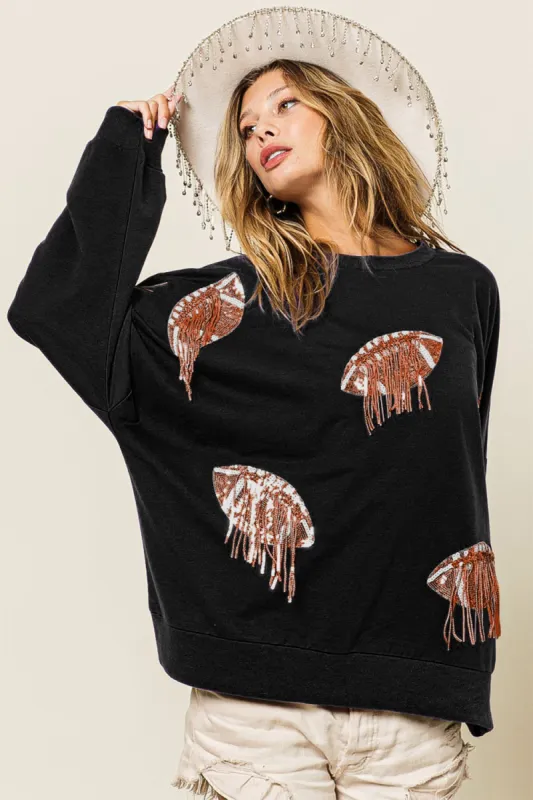 BiBi Sequin Fringe Football Patch Round Neck Sweatshirt sold by Charming Charlie