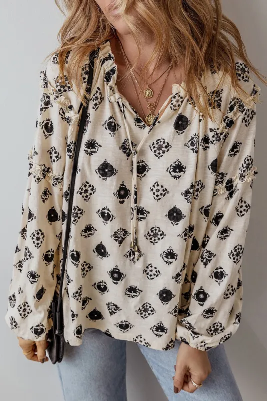 Frill Printed Tie Neck Long Sleeve Blouse sold by Charming Charlie