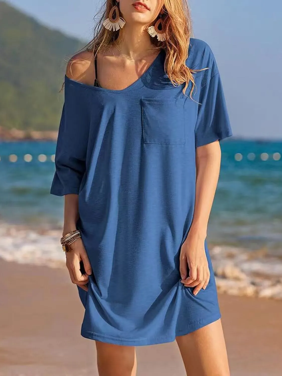 Pocketed V-Neck Short Sleeve Tee Dress sold by Charming Charlie