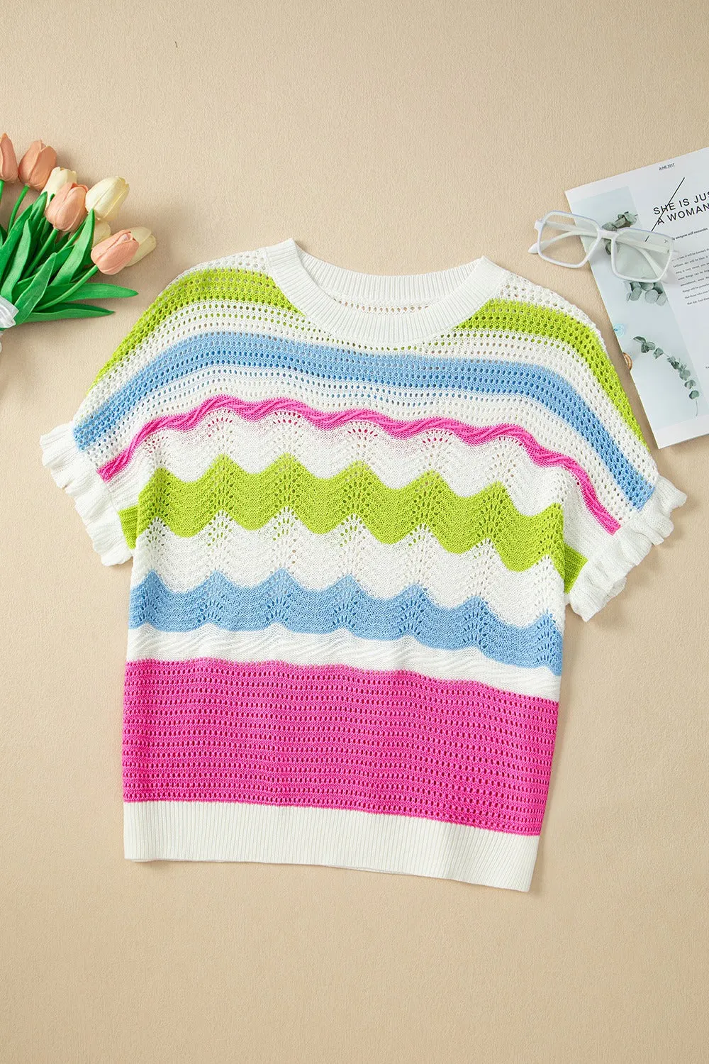 Openwork Color Block Round Neck Knit Top sold by Charming Charlie