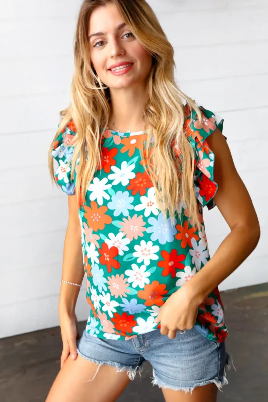 Follow Me Emerald Floral Print Double Ruffle Sleeve Top sold by Charming Charlie