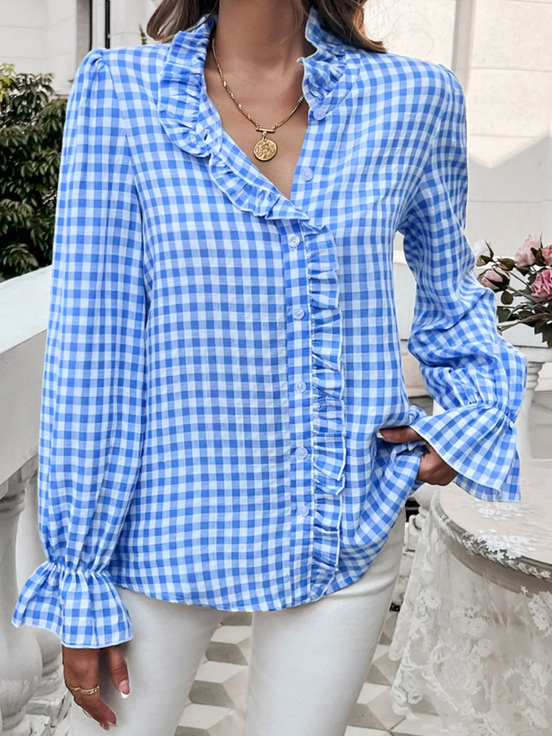 Frill Ruffled Plaid Long Sleeve Shirt sold by Charming Charlie product image thumbnail 5