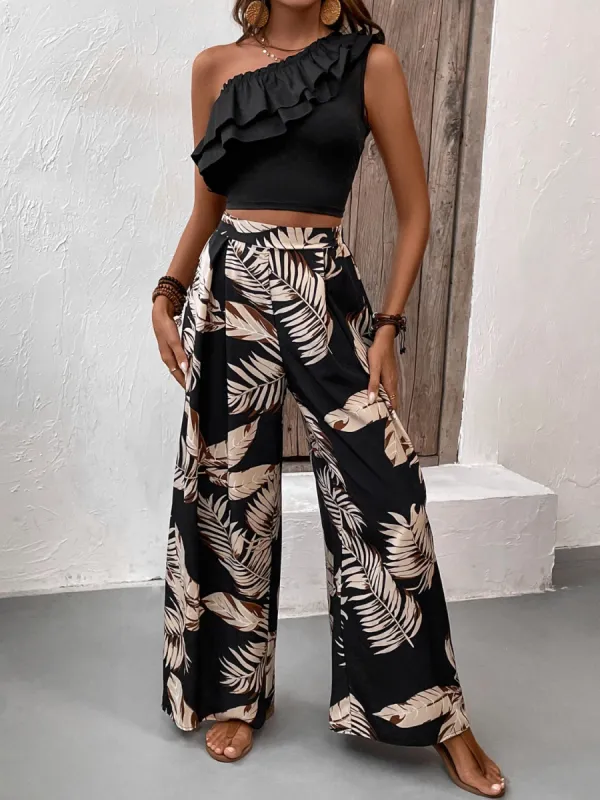 Ruffled Sleeveless Top and Printed Pants Set sold by Charming Charlie