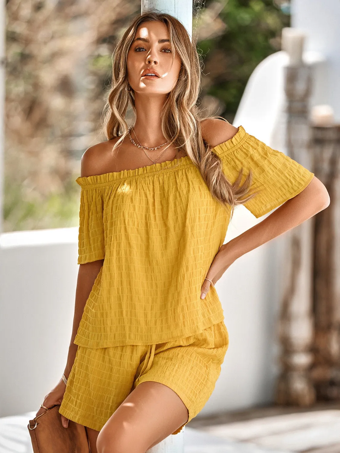 Full Size Off-Shoulder Short Sleeve Top and Tied Shorts Set sold by Charming Charlie product image thumbnail 3