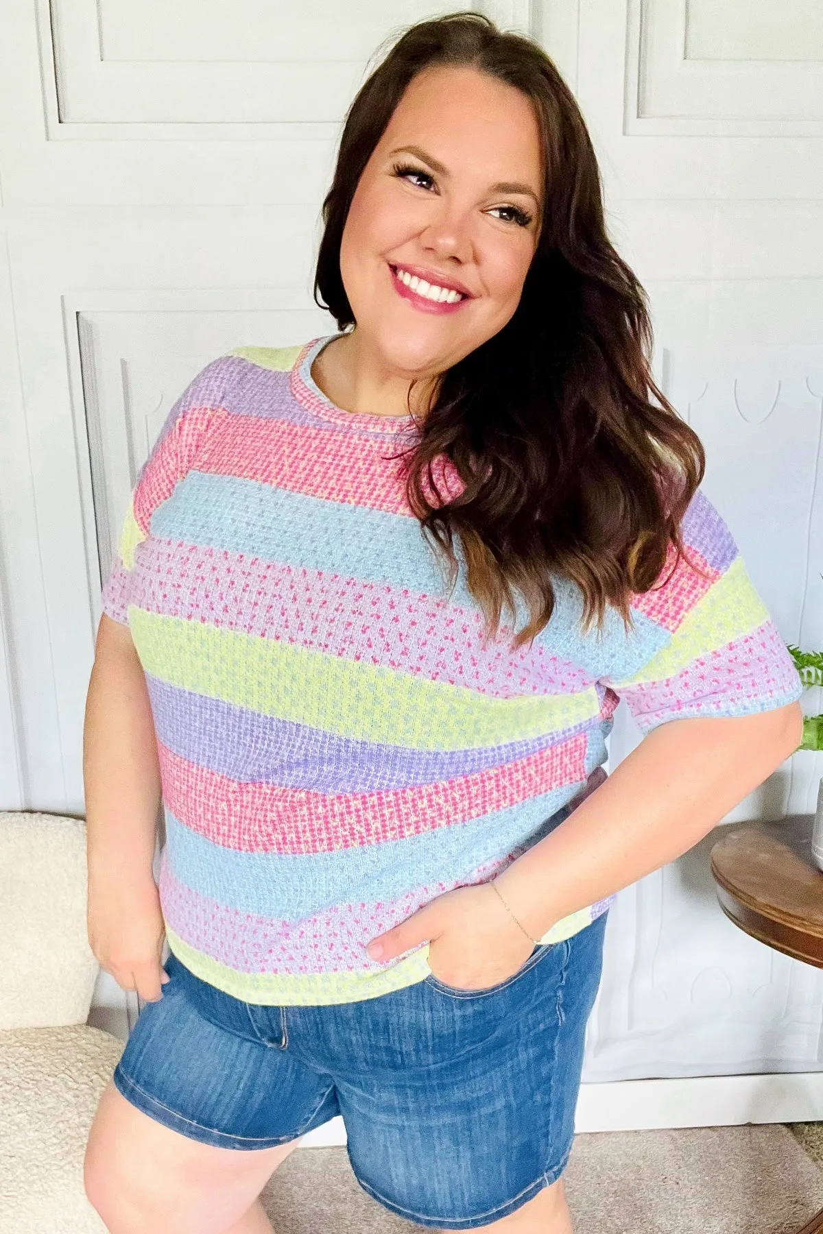 Stand Out Lavender & Pink Striped Textured Waffle Knit Top sold by Charming Charlie product image thumbnail 4