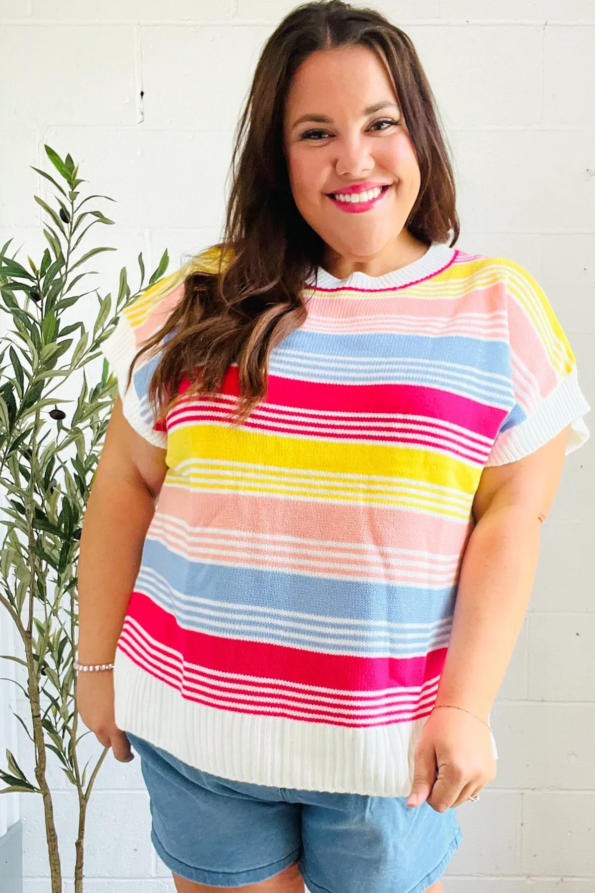 Feeling Playful Blue & Fuchsia Striped Short Dolman Sleeve Knit Top sold by Charming Charlie product image thumbnail 5