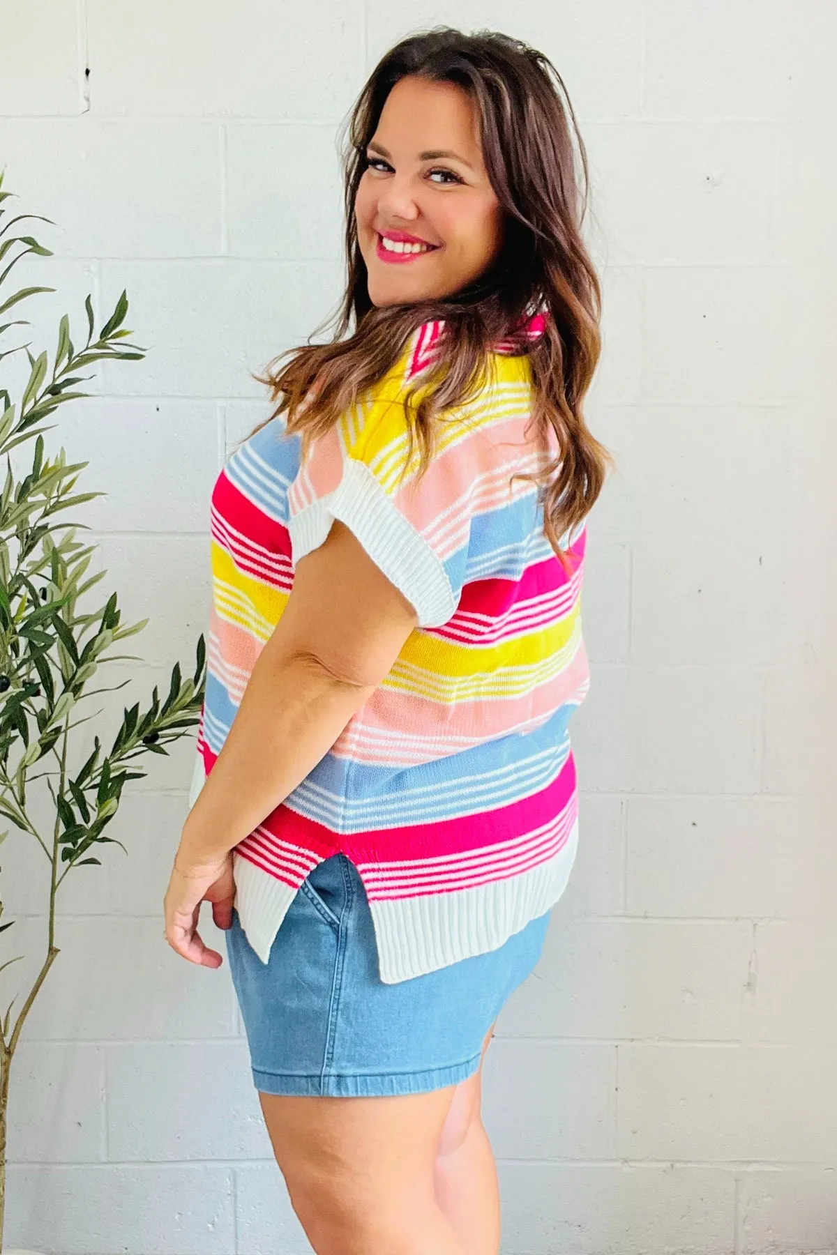 Feeling Playful Blue & Fuchsia Striped Short Dolman Sleeve Knit Top sold by Charming Charlie product image thumbnail 4