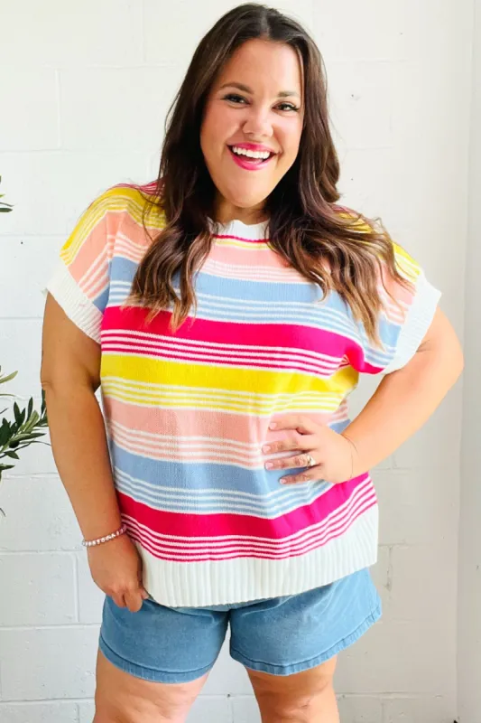 Feeling Playful Blue & Fuchsia Striped Short Dolman Sleeve Knit Top made by Charming Charlie
