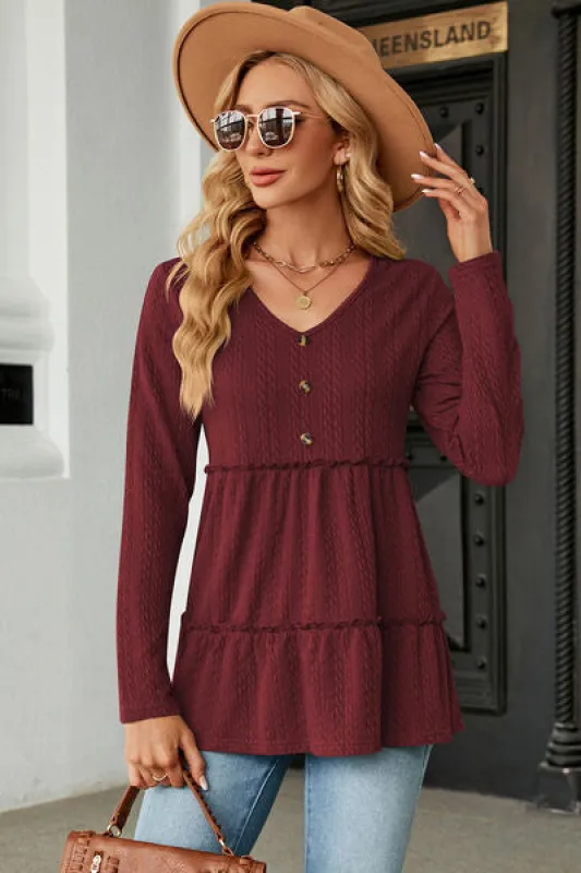 Frill V-Neck Long Sleeve T-Shirt sold by Charming Charlie