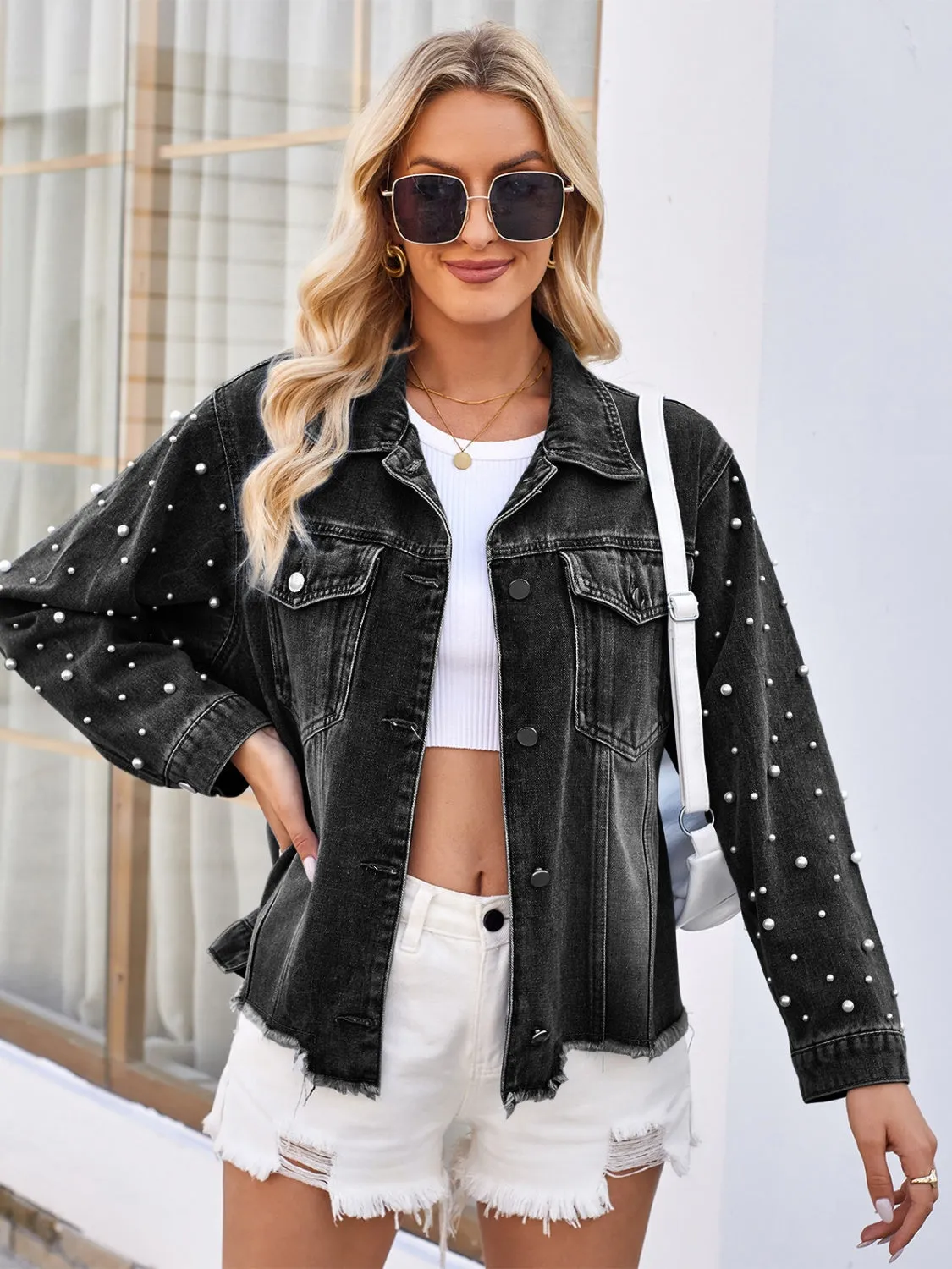 Pearl Trim Raw Hem Denim Jacket sold by Charming Charlie product image thumbnail 3