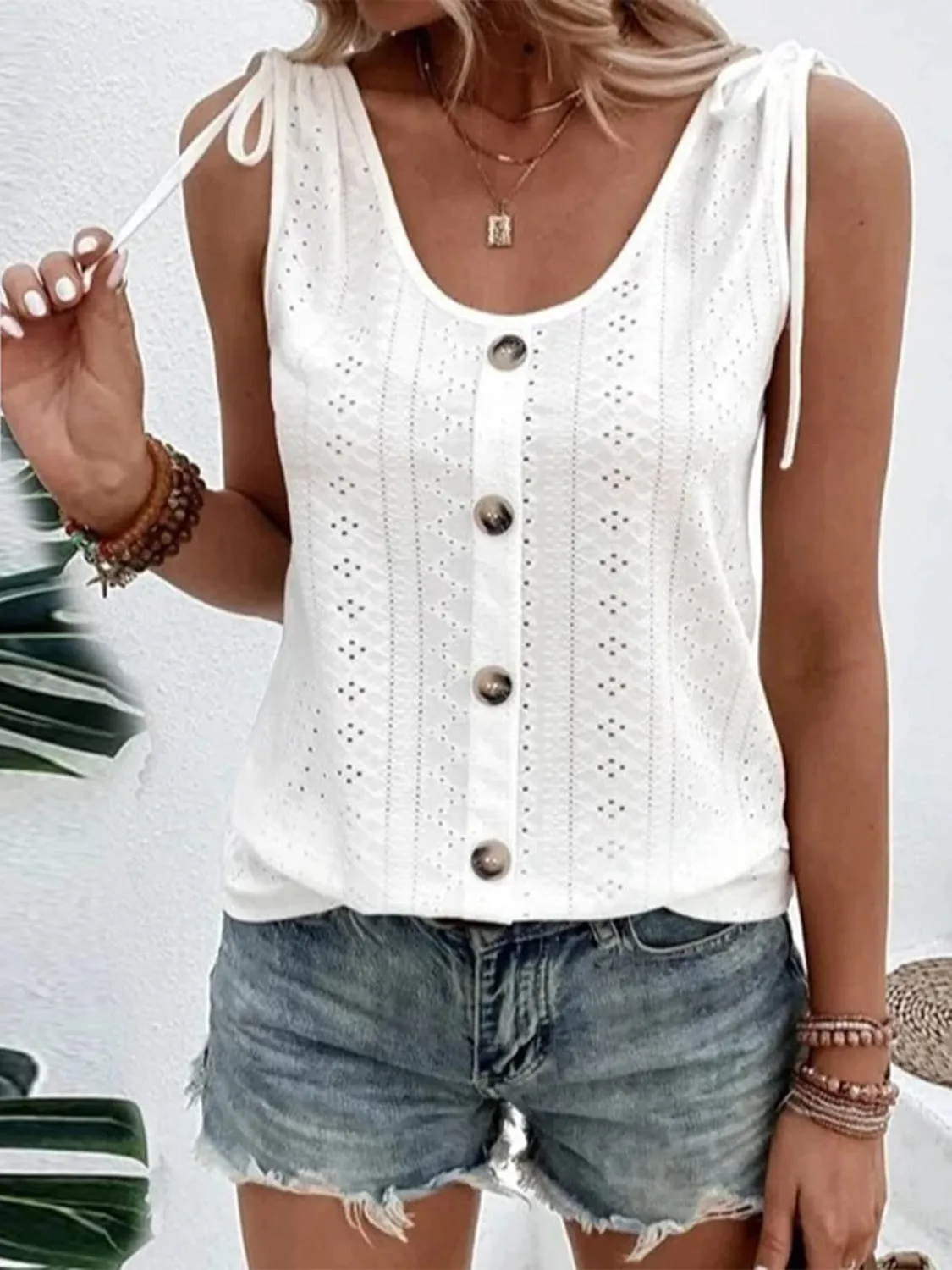 Eyelet Tie Shoulder Scoop Neck Tank sold by Charming Charlie