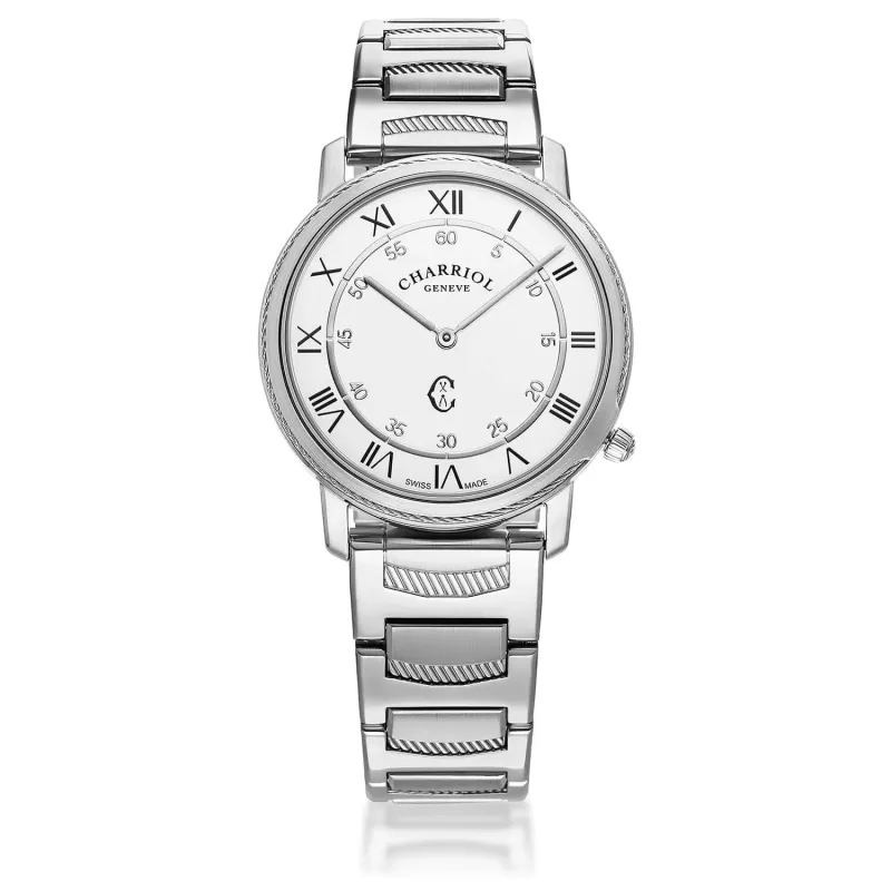 CELTIC® LEGACY, 40MM, QUARTZ CALIBRE, STEEL BEZEL, WHITE WITH ROMAN NUMERALS DIAL, STEEL METAL BRACELET sold by Charriol