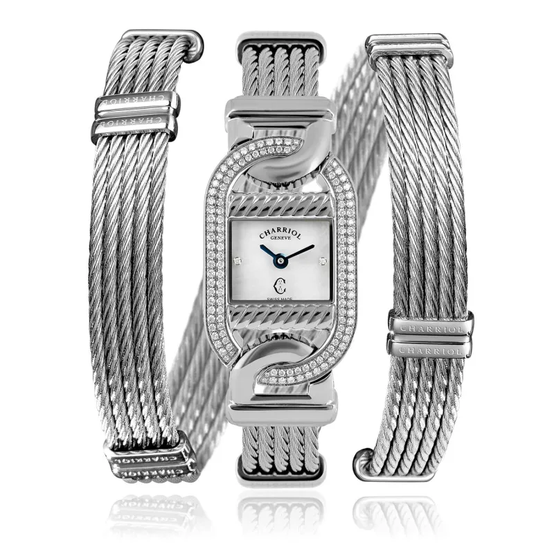 MARINER, 20MM, QUARTZ CALIBRE, STEEL WITH 128 DIAMONDS CASE, WHITE MOTHER-OF-PEARL WITH 2 DIAMONDS DIAL, STEEL TWISTED CABLE BRACELET made by Charriol