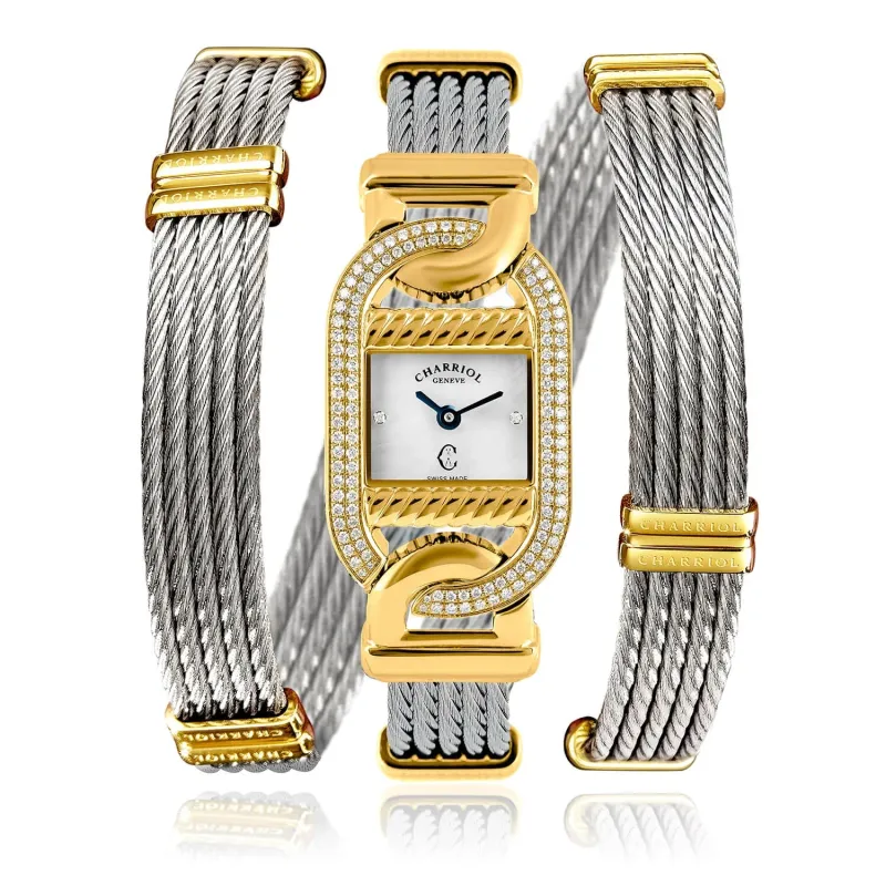 MARINER, 20MM, QUARTZ CALIBRE, 18KT YELLOW GILDED STEEL WITH 128 DIAMONDS CASE, WHITE MOTHER-OF-PEARL WITH 2 DIAMONDS DIAL, STEEL TWISTED CABLE BRACELET made by Charriol