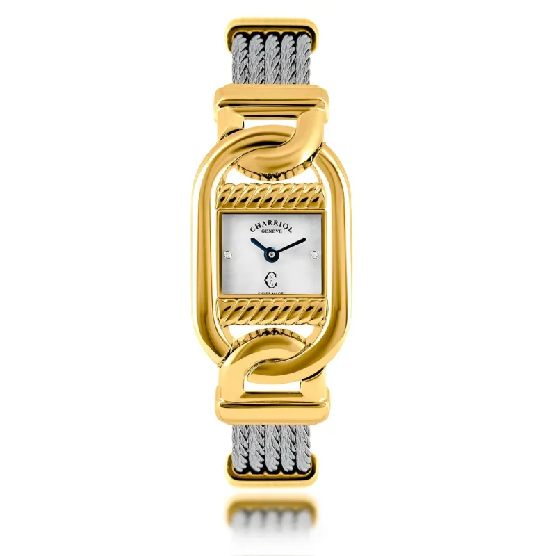 MARINER, 20MM, QUARTZ CALIBRE, 18KT YELLOW GILDED STEEL CASE, BLACK MOTHER-OF-PEARL WITH 2 DIAMONDS DIAL, STEEL CABLE BRACELET made by Charriol