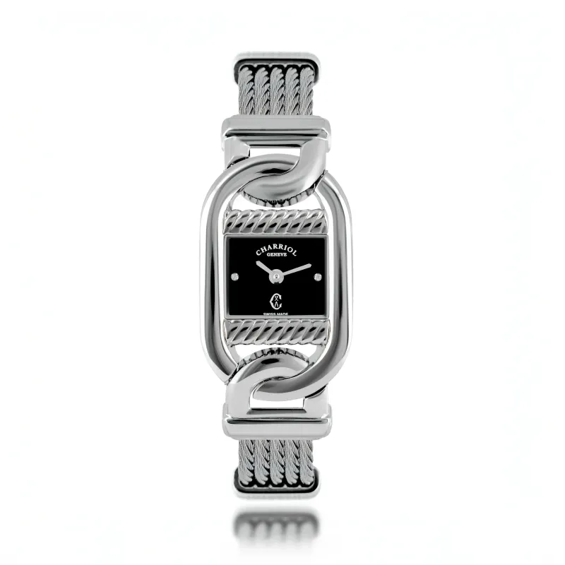 MARINER, 20MM, QUARTZ CALIBRE, STEEL CASE, BLACK MOTHER-OF-PEARL WITH 2 DIAMONDS DIAL, STEEL CABLE BRACELET made by Charriol