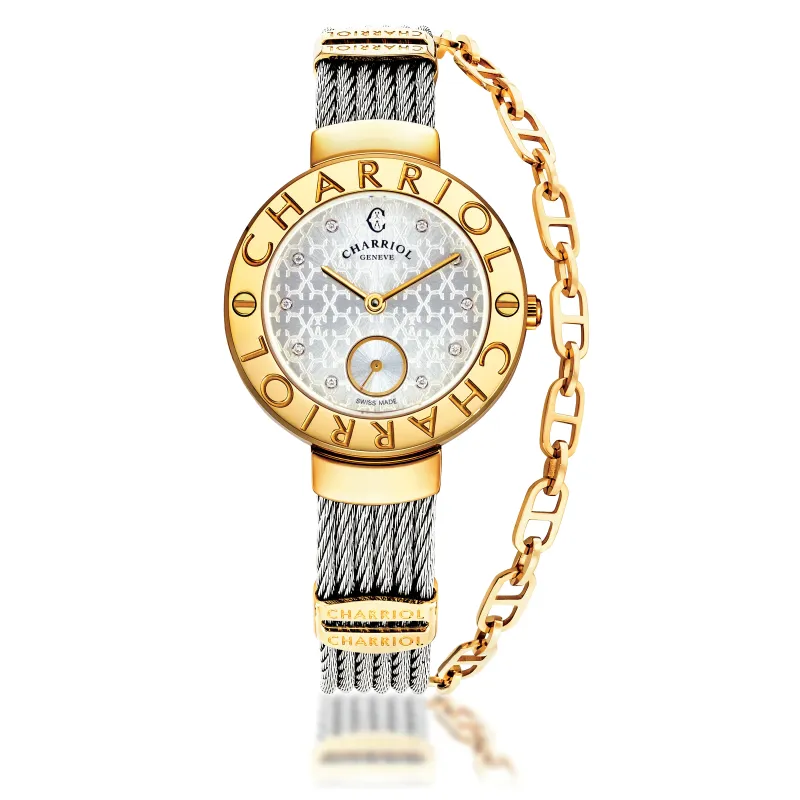 ST-TROPEZ® MONOGRAM, 30MM, STEEL YELLOW GOLD PVD BEZEL, WHITE MONOGRAM WITH 10 DIAMONDS DIAL, STEEL CABLE WITH YELLOW GOLD PVD DECORS BRACELET made by Charriol