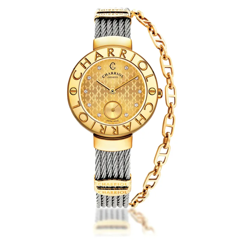 ST-TROPEZ® MONOGRAM, 30MM, STEEL YELLOW GOLD PVD BEZEL, CHAMPAGNE MONOGRAM WITH 10 DIAMONDS DIAL, STEEL CABLE WITH YELLOW GOLD PVD DECORS BRACELET made by Charriol