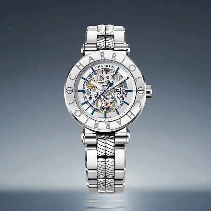 NAVIGATOR SKELETON, 41MM, CHARRIOL CALIBRE, STEEL "CHARRIOL CHARRIOL" BEZEL, OPEN DIAL WITH 12 FACETED HOUR-MARKER AND SUPER LUMINOVA, METAL INTERCHANGEABLE BRACELET sold by Charriol