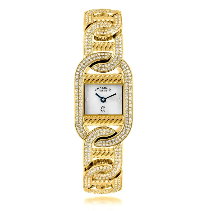 MARINER, 20MM, QUARTZ CALIBRE, 18KT YELLOW GILDED STEEL CASE WITH 128 DIAMONDS, 6 YELLOW GOLD PLATED LINKS WITH 208 DIAMONDS, WHITE MOTHER-OF-PEARL WITH 2 DIAMONDS made by Charriol